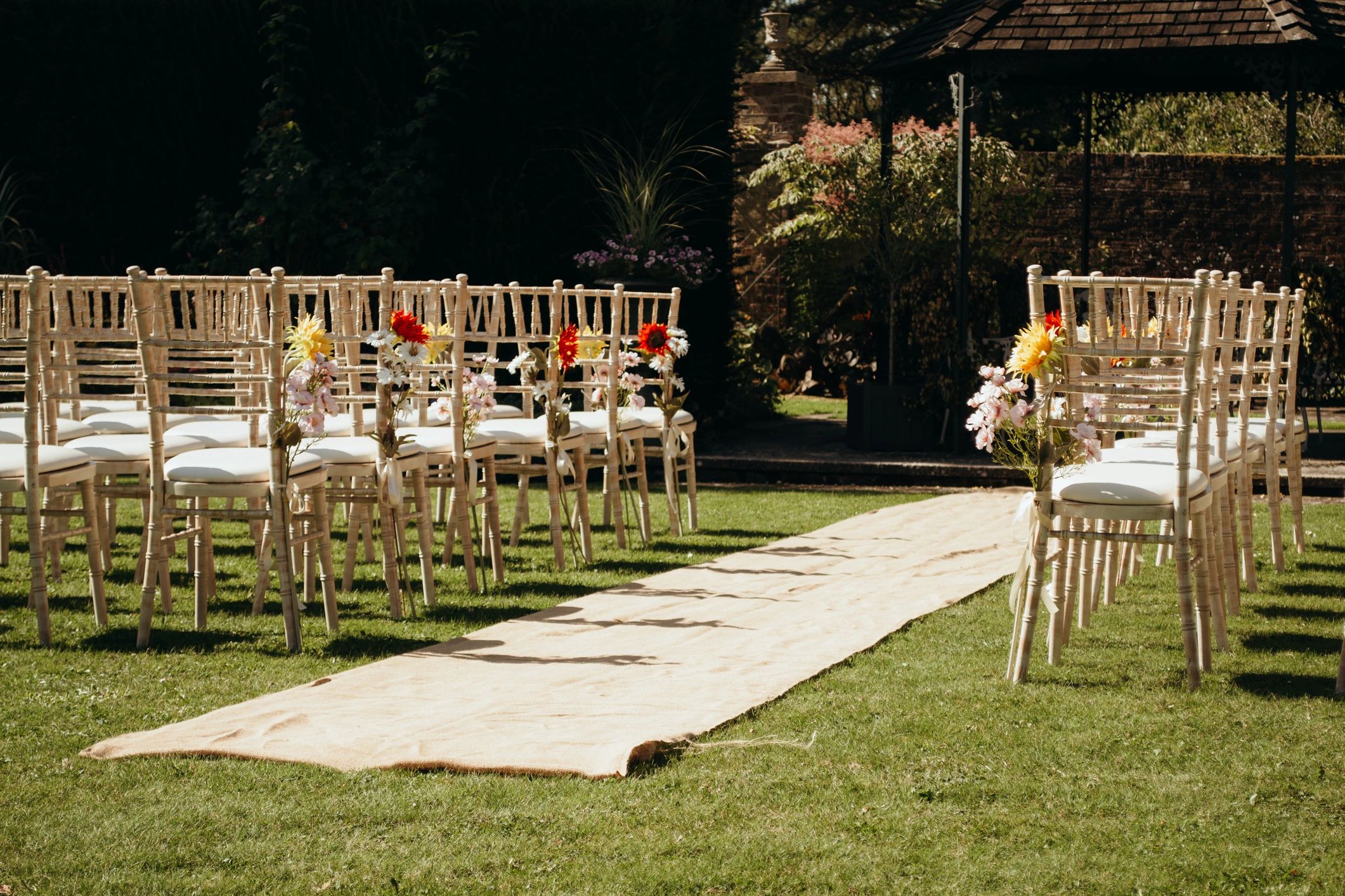 Outdoor wedding ceremony setup with elegant floral decor